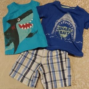 2 SHARK T-Shirts with Matching Plaid Shorts  Size 2T